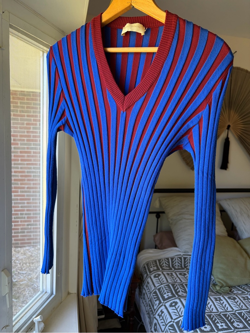 Bold Blue and Burgundy Ribbed V-Neck Women's Shirt